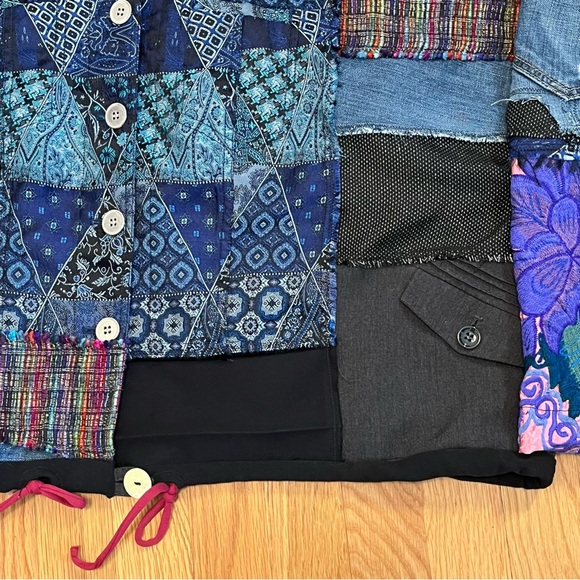 Upcycled Hoodie Sweatshirt Jacket Patchwork Fabric Scraps Frayed Apocalyptic - Picture 12 of 14